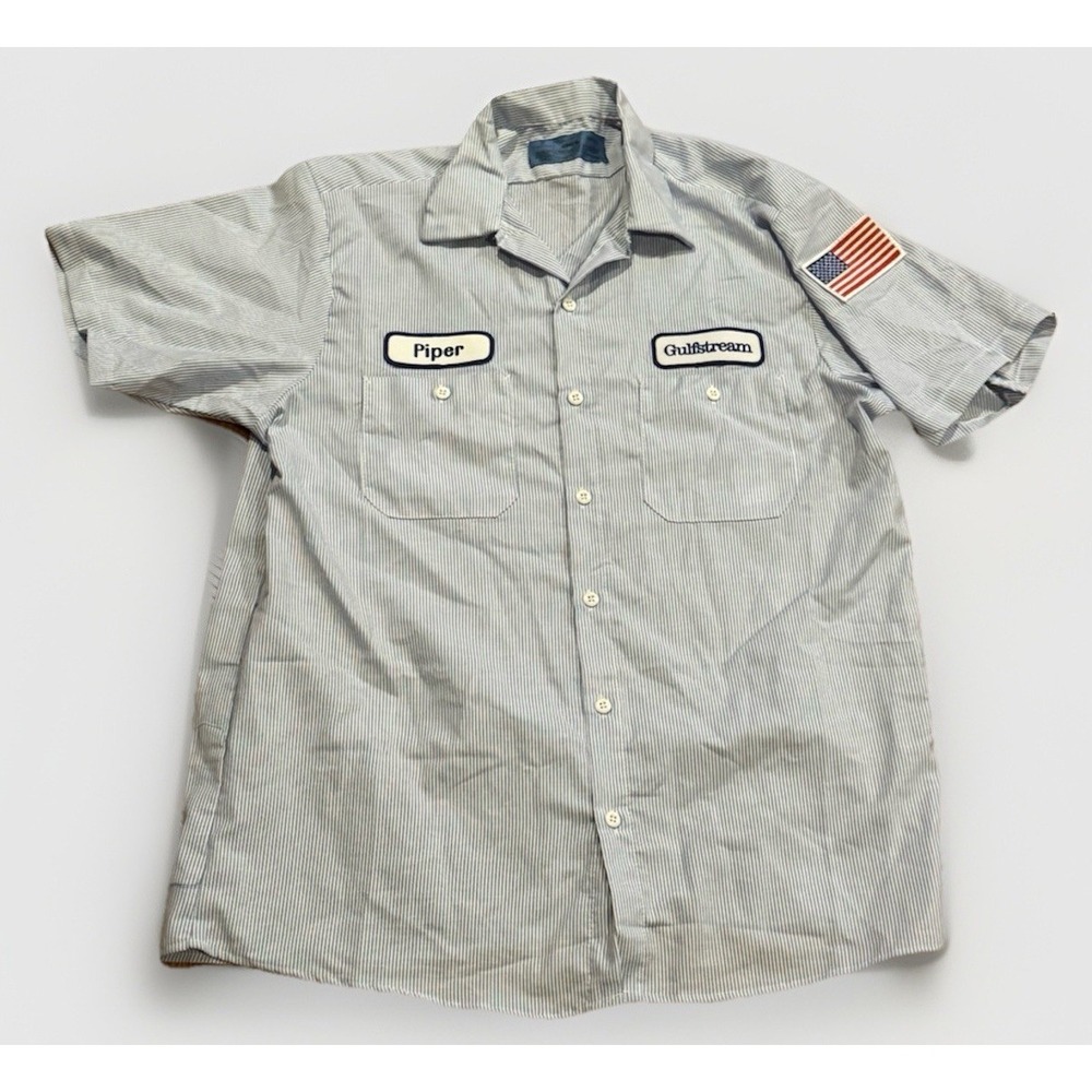 Vintage Gulfstream Aerospace Work Shirt L Pinstripe Piper Hickory Stripe Cintas